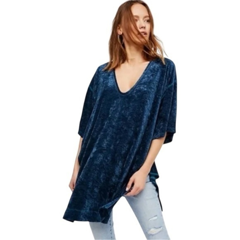 Free People We The Free Crushed Velvet Oversized V-Neck Tunic Top Dress Boho